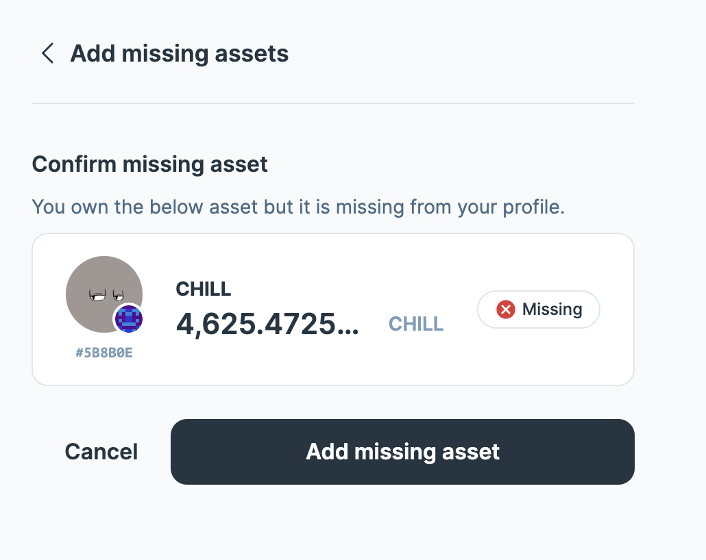 Add missing asset screen