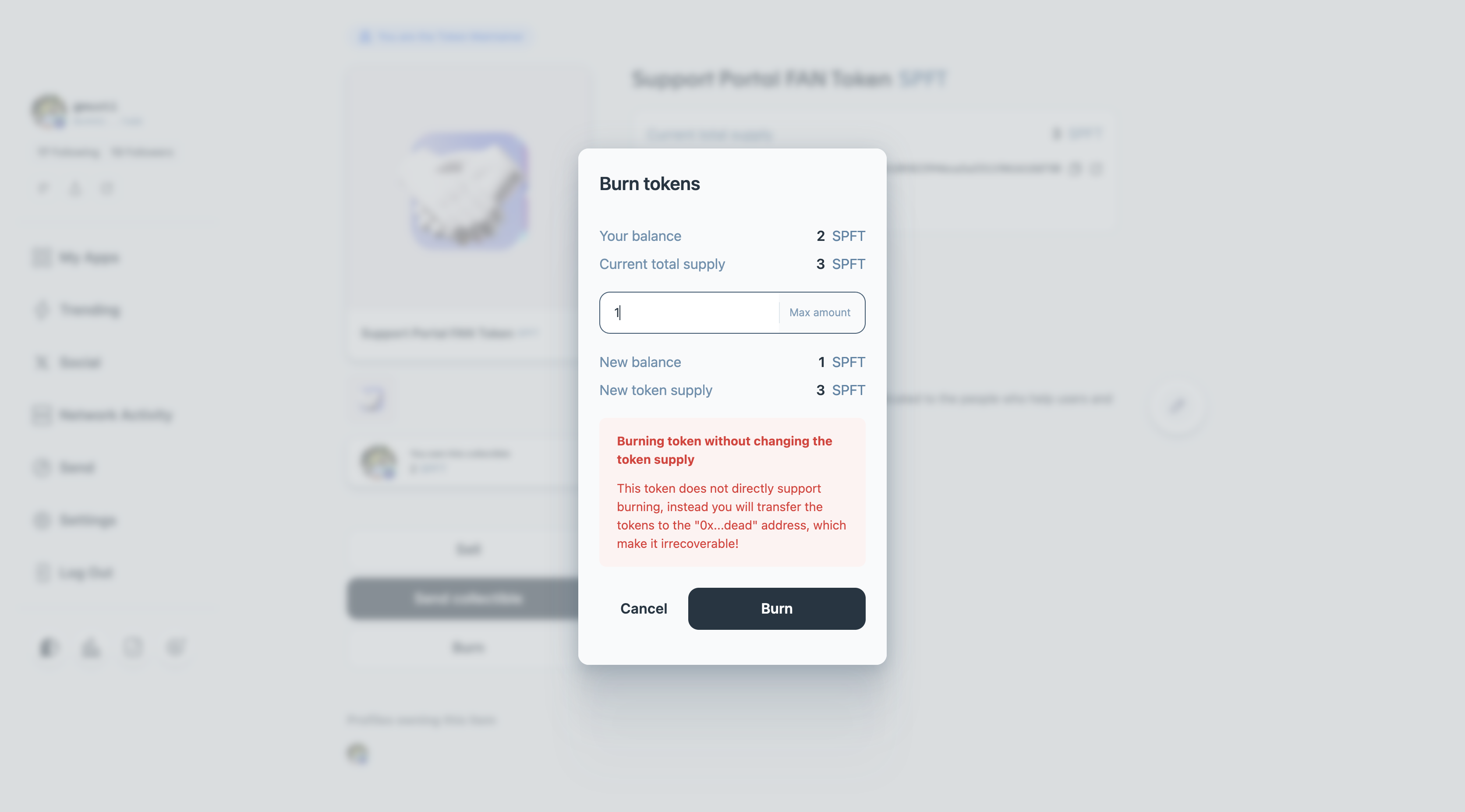 Manage token screen