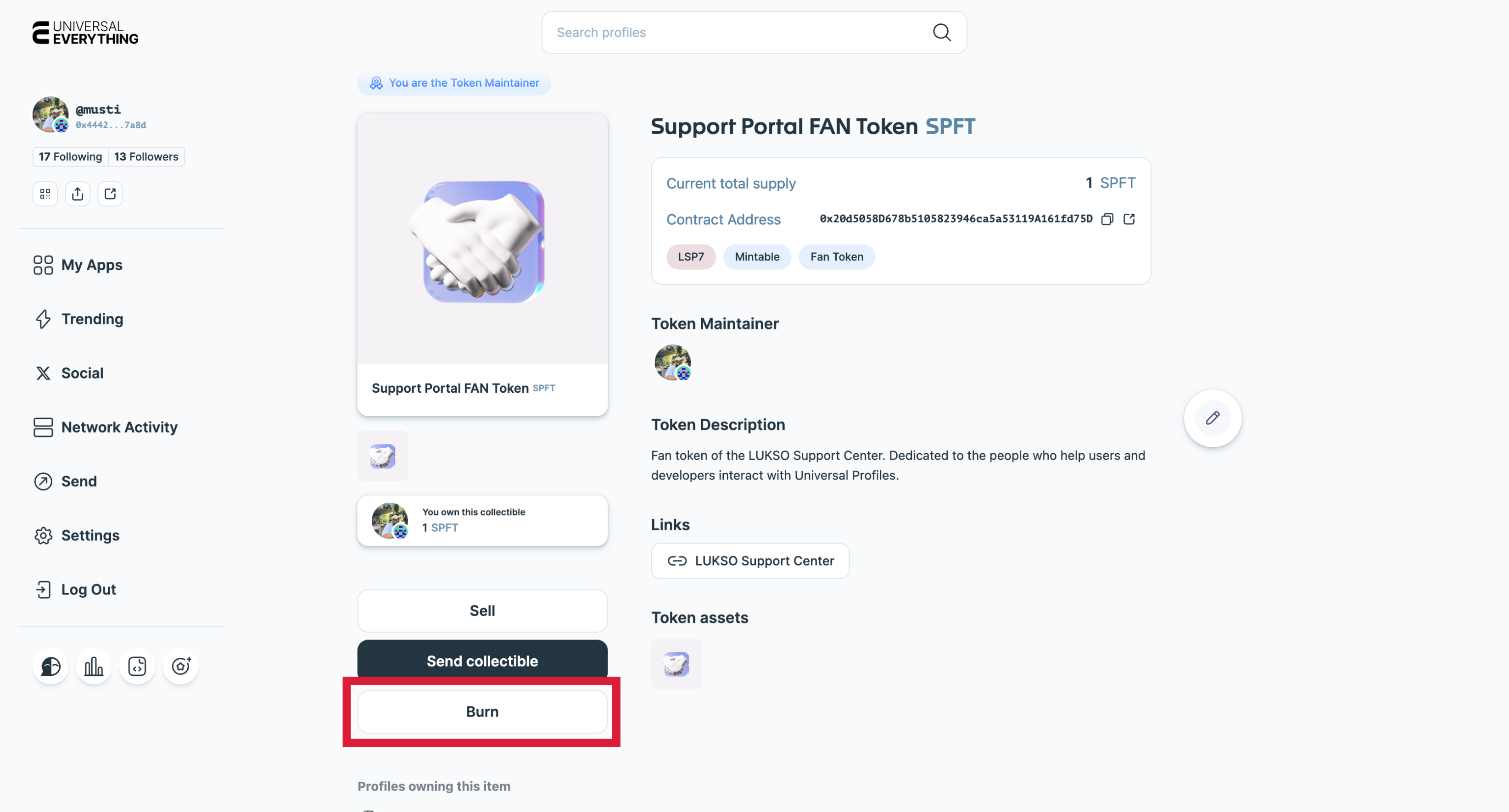 Manage token screen