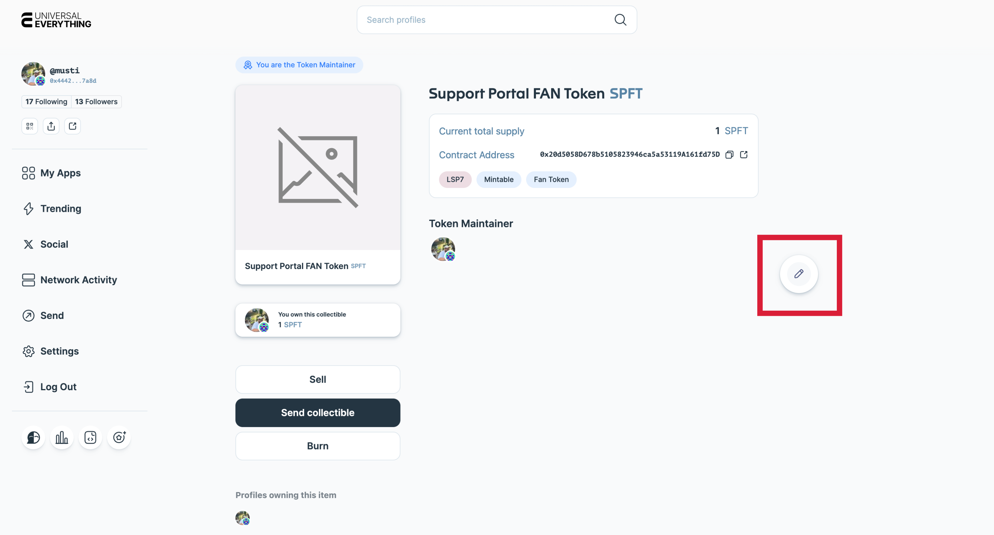 Manage token screen