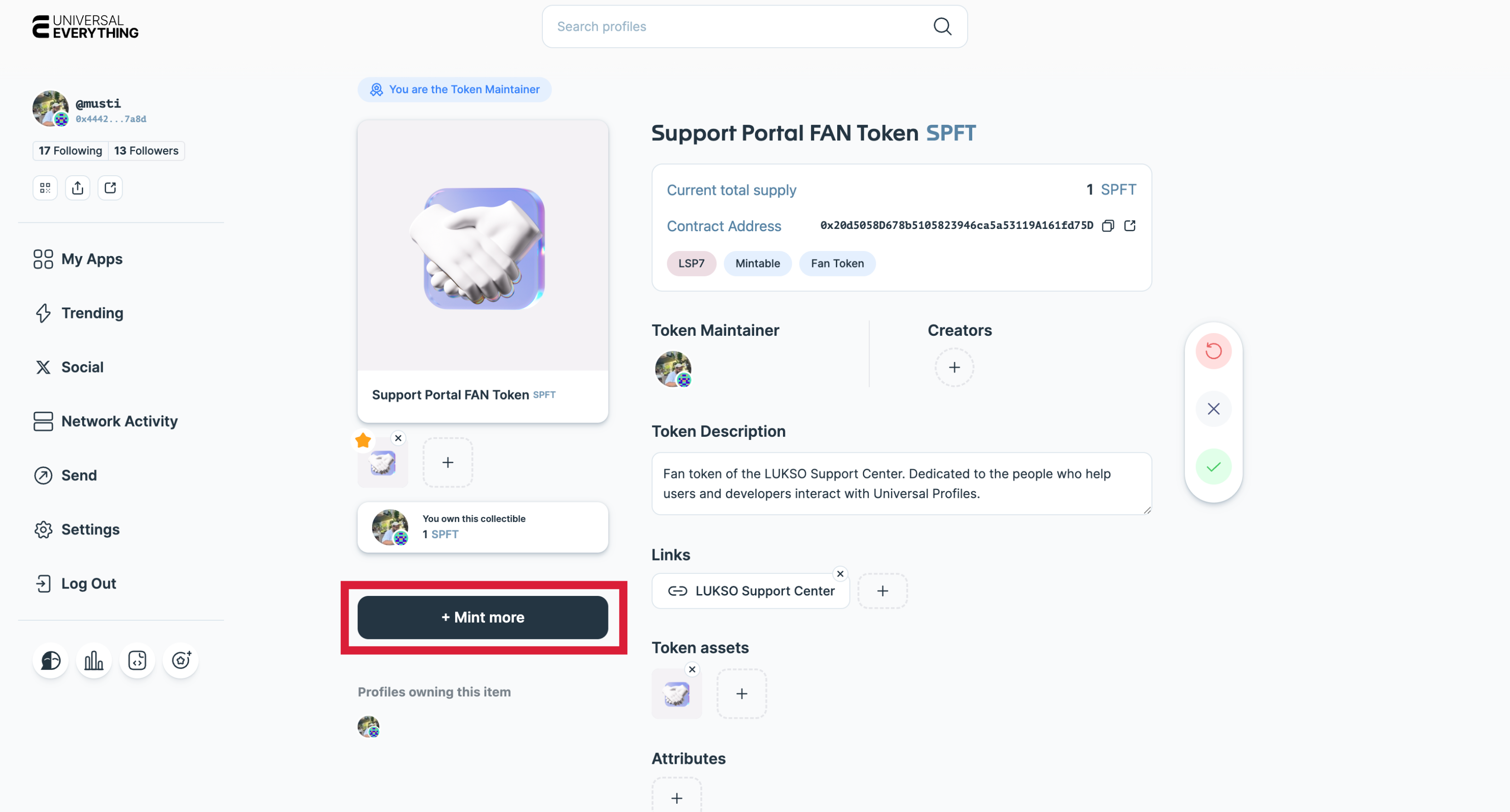 Manage token screen