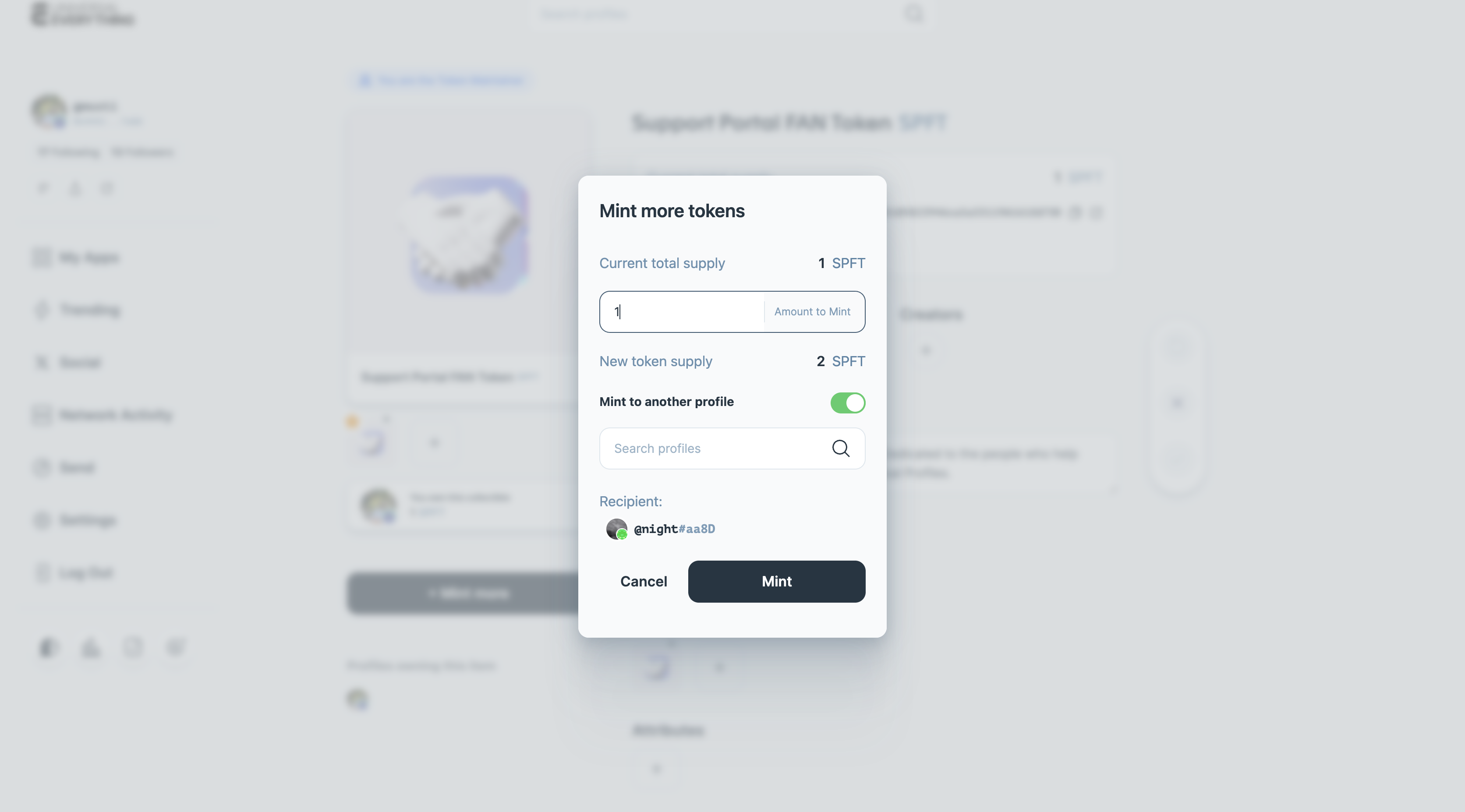 Manage token screen