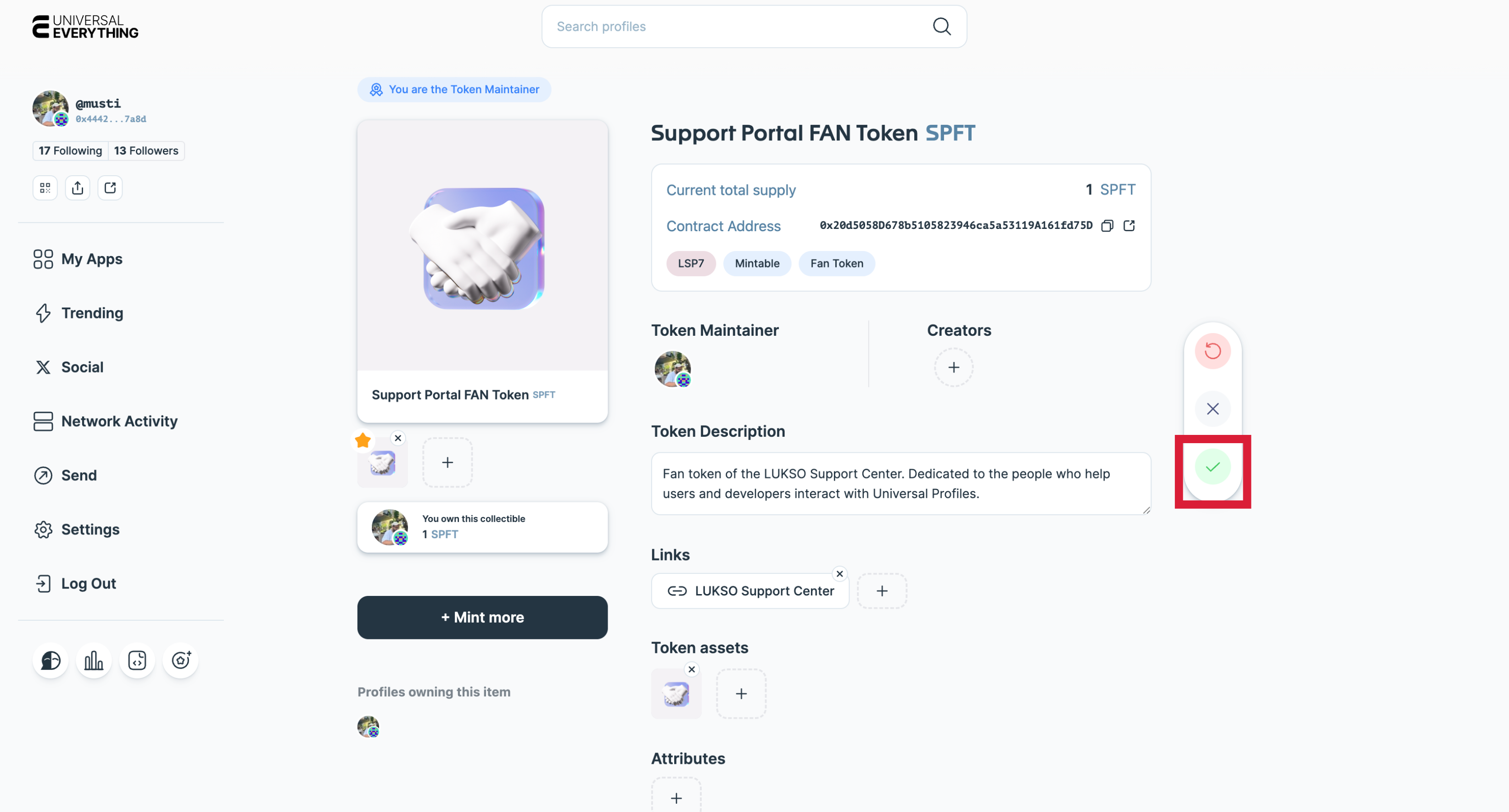 Manage token screen