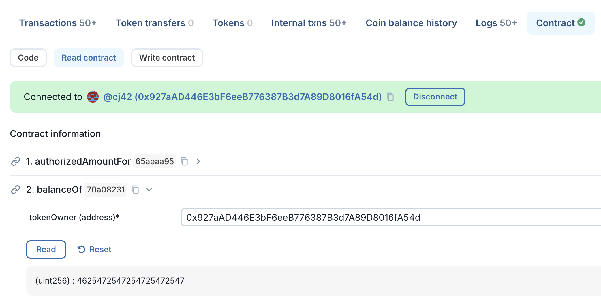 Show balance of asset on Blockscout